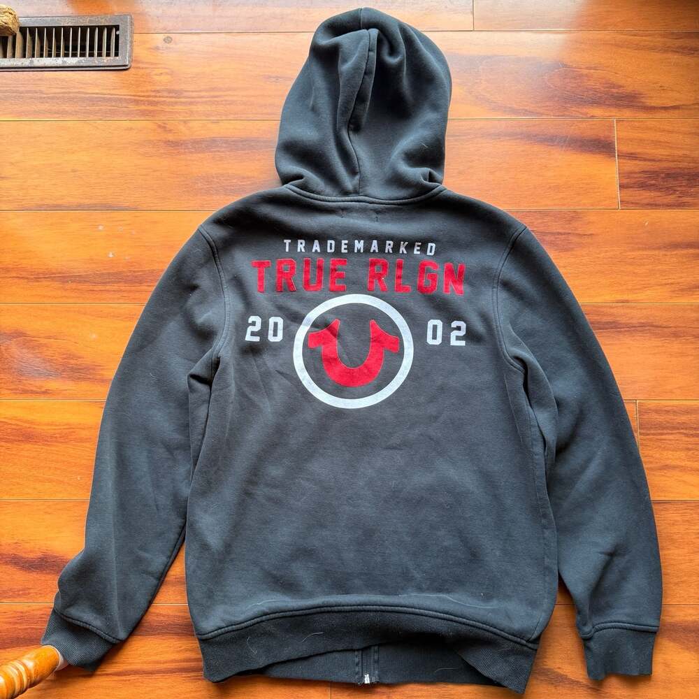 True Religion Men's Jet Black Trademarked TR02 Zip-Up Hoodie Size Medium